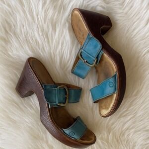 Born sz 7 Womens Blue Leather Strappy Buckle Heel Sandals Comfort Qaulity Casual